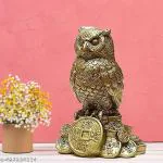 TRACES Resin Feng Shui Owl Showpiece for Home Décor | Golden Owl Figurine for Money and Wisdom Statue for Home | Office Desk & Table | Golden 10 cm