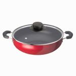 Macclite Aluminium Non Stick Alpha Kadai,Kadhai,Wok,Fry Pan,Pan,Cook & Serve 24 cm Dia, 2.5 L, 2.6 mm Thick with Glass Lid, Red, Gas Stove Compatible Only