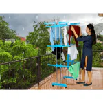 LOOT-LEY Clothes Drying Racks, 3 Tier Collapsible Rolling Dryer Clothes Hanger Rack Rail Stand with Side Wings, Stainless Steel Clothes Airer For Laundry, Foldable | Movable | Adjustable | Cloth Drying Stand | Rack | Max Loading Capacity (Sky Blue )