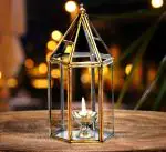 ZS IMPEX Brass Diya for Pooja with Glass Cover Lantern, Decorative Brass & Glass Akhand Deepak Oil Lamp,Tea Light Holder Lantern for Durga Pooja & Diwali