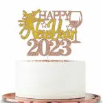 Festiko Happy New Year 2023 Cake Topper With Champagne Sign, 2023 New Year Cake Decorations