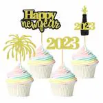 Festiko 24 Pcs Glitter Happy New Year Cupcake Toppers 2023, Gold Black Cheers to 2023 Cupcake Topper