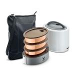 VAYA TYFFYN White Copper Finished Stainless Steel Lunch Box with 3-Containers and Bagmat, 1000 ml