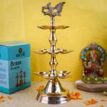 SATVIK 1 Pc Brass Panchmukhi Peacock Kerala Samai Puja Diya Kutthu Vilakku Oil Lamp Pooja 3 Step Diya Engraved Design Deepak