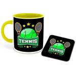 Whats Your Kick Tennis Quotes With Racquets Printed Yellow Ceramic Coffee Mug With Coaster 325 ML