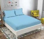 N G Products 310 TC Glace Cotton Satin Stripes Elastic Fitted Plain Double Bedsheet with Two Pillow Covers for Home/Hotels/Guest House (Sky Blue)