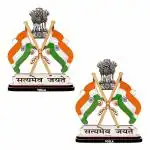 VOILA Indian Flags with Satyamev Jayate Symbol Wood Stand for Car Dashboard Pack of 2