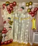SpecialYou.in 1st happy birthday decoration items for boys/girls combo, rose gold & white color set balloons kit for party, metallic balloons & palm leaves, white net curtain for decoration- 68 pcs