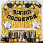AMFIN Happy Birthday Balck Gold Theme Decoration / Curtain Decoration / Chrome balloons for Decoration / Photoshoot Backdrop / Birthday Theme Party - Pack of 107