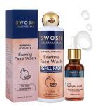 SWOSH Ayurvedic Skincare Combo Pack: Vitamin C Skin Brightening Foaming Refill Pack Face Wash 200 ml With 2% Salicylic Acid Serum 30 ml Anti Aging & Acne, Reduces Fine Line & Wrinkles For Glowing Skin