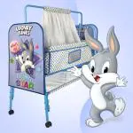 NHR Looney Tunes Baby Cradle, Cradle with Mattress, Mosquito Protection Net, All-Wheel Lock (Blue)