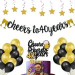 Festiko 40th Birthday Decoration Cheers To 40 Years Decor For Men Women Happy 40th Birthday Wedding Anniversary Supplies Black Glitter Combo (Banner, Swirls, Cake Topper, Balloons)