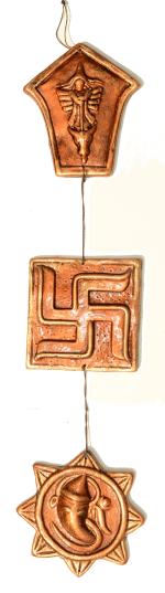 New Life Terracotta Handmade Jai Mata Di Durga Ganesha Swastik Wall Hanging (12 x 11 x 2 cm, Gold)
