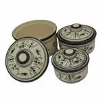 Craftghar Oven and Microwave safe Serving Bowls with Lids for Dinning | Ceramic 3 Pieces (1000ml, 500ml, 250ml) Warli design blue Pottery, White