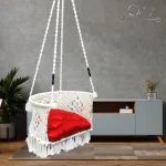 Patiofy Floral Design C Shape Swing Chair with Red Cushion, White Jhula, Hammock