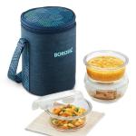 Borosil Foodluck Blue Borosilicate Glass Lunch Box Set of 3 (400 ml Each) With Lunch Bag, Square, Lunchbox For Office & College, Microwave Safe, Leak Proof
