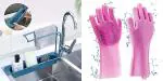 SUI GENERIS Sink Rack Holder Kitchen Sink Sponge Rack Expandable Rack For Dishwashing Liquid and Cleaning Towel+Silicone Dish Washing Gloves