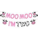 Festiko Holy Cow Moo Moo I'm Two Birthday Banner Glitter Pink, Cow Theme Birthday Party Decorations
