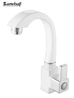 SanituF CM-1212 Swan Neck PTMT Tap | Croma Series Bathroom Fixtures | PTMT Plastic Swan Neck Faucet | (White-Chrome)