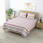 Varde 210 TC Kerala Double Bedsheet with Pillow Cover 2 | Handloom Cotton Bedsheets for Double Bed | Woven Striped Bedcover | All Season | 240cmx220cm Pillow 68cmx43cm (Pink)