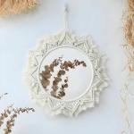 P R HAND WORKS Macrame Hanging Wall Mirror - Boho Fringe Round Handmade Decorative Acrylic Mirror for Apartment Living Room Bedroom Baby Nursery Home Decor (Wood Beads)