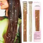 MAYCREATE 6Pcs Hair Tinsel Extensions, Brown Glitter Tinsel Strands, 20.5 Inch Clip-On Shiny Tinsel Hair Extension, Heat Resistant Fairy Hair Glitter Kit For Women Girls Halloween Cosplay Party