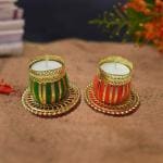CraftVatika Set of 2 Handmade Tea Light Candle Holder with Candle for Home Decor