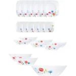 CORELLE Pack of 21 Glass Square Round Daisy Field Dinner Set (Multicolor, Microwave Safe)