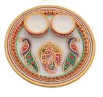 CRAFTAM Marble Decorative Pooja Aarti Thali with Roli Rice for Wedding Gifts, Puja 6x6 Inch