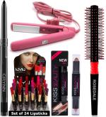 URBEN QUEEN Rosedale Kajal & NYN 24 Matte Sensational Lipsticks & Kiss Beauty Highlighter Contour Stick & Saloon Base Hair Straightener