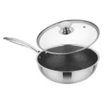 Prabha Stainless Steel Induction Base Non-Stick Hexa Cube Cookware Wok Pan, Fry pan, Frying pan frypan, Wokpan With Glass Lid, Capacity - 5.5 L, Size - 30 CM