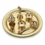 DOKCHAN Traditional Handcrafted Brass Puja Thali Aarti Bartan Plate Set of 8 Piece for Mandir Pooja Room Home Temple (Size 10 Inch | Color | Golden)