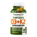 Nature Life Nutrition Plant Based D3 + K2 Vitamin Supplement (120 Veg Capsules) | Immunity, Heart, Muscle, & Bone Health
