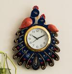 eCraftIndia Handcrafted Papier-Mache 2 Peacocks Decorative Wall Clock
