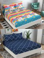 VORDVIGO 220 TC Cotton Queen Abstract Fitted (Elastic) Bedsheet (Pack of 2, Multicolor)