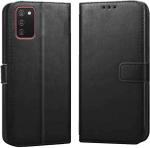 MV Samsung Galaxy A02S Black Artificial Leather Shock Absorption Mobile Flip Cover With Holder