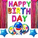 MUSAPRI - BABY SHARK HAPPY BIRTHDAY COMBO ( HAPPY BIRTHDAY BANNER + BABY SHARK +RAINBOW CURTAIN), Helium Birthday Balloons Combo RE-Usable Multi-colour Curtain Birthday banner Baby Shark Balloons Pack of 3 Items in Combo