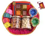 MANTOUSS Diwali Dry Fruits Gift Pack/Diwali Special Dry Fruit Hamper/Dry Fruits Gift Hamper-Tokri+Almond(100gms),cahsew(100gms)+Chocolate Box+Rangoli Colours+e Diya+deepawali Greeting Card