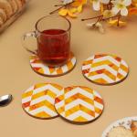 DULI Inlay Yellow and White Round Engineered Wood Zig Zag Tea Coasters - 10 x 10 cm (set of 4)