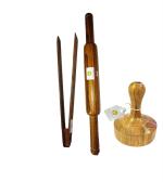 Arman Spoons Brown Wood Rolling Pin And Masher With Tong (Pack Of 3)
