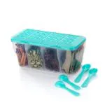 SPECIFY Multipurpose 4 In 1 Masala Box for Kitchen, Spice Boxes for Kitchen, Transparent 4 Compartment Storage Containers Set with 4 Spoons - 1000Ml (Sky Blue)