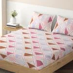 HOKIPO Elastic Fitted Bedsheets Single Bed Size, 78x36 inches with 1 Pillow Cover, Concentric Triangle Blush Pink (IN-638-D14)