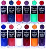 Makeup Mania HD Color Nail Polish Set of 12 Pcs (Combo MM-141) Dark Pink Sparkle, Blue Glitter, Orange, Purple, Light Green, Maroon, Blue, Coral Pink, White Base, Red Glitter, Light Orange (Pack of 12)
