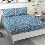 Varde AMJSTAR 180TC California King Size Glace Cotton Elastic Fitted Double Bedsheet 84X78 Inch for Upto 8 inches Mattress with 2 Pillow Covers Blue Flower