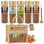The Aroma Factory Dhoop batti (Amber & Myrrh, Clove Lemon, Santal & Vanilla, Guggal, Sandal) No Bamboo Herbal Dhoop Sticks with Incense Holder, 5 Bottle x 100g,with Jute Bag