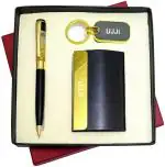 UJJi 3in1 Combo Set with Golden Gel Filled Ball Pen, Keychain and ATM Card Holder