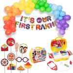 Festiko Set of 37 Pcs It's Our First Rakhi Combo (Banner, Balloons, Photobooth Props, Doctor Set Toy MM), Raksha Bandhan Decoration Combo