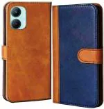 AmericHome Realme C33, RMX3624 Blue, Brown Artificial Leather, Silicon Mobile Back Cover