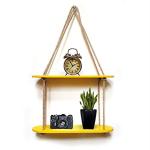 Vah Yellow Rectangle Hand Painted Oval 2 Layer Wood Floating Shelves Rustic Rope Hanging