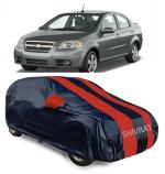 SHIVRAT Presents All Weather Water & Heat Resistant Car Body Cover Compatible With Chevrolet Aveo Variants_Red Stripes With Mirror